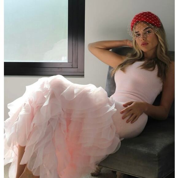 Aje Elations Pink Ribbed Ruffle Knit Maxi Dress XXS NWT - Picture 9 of 10